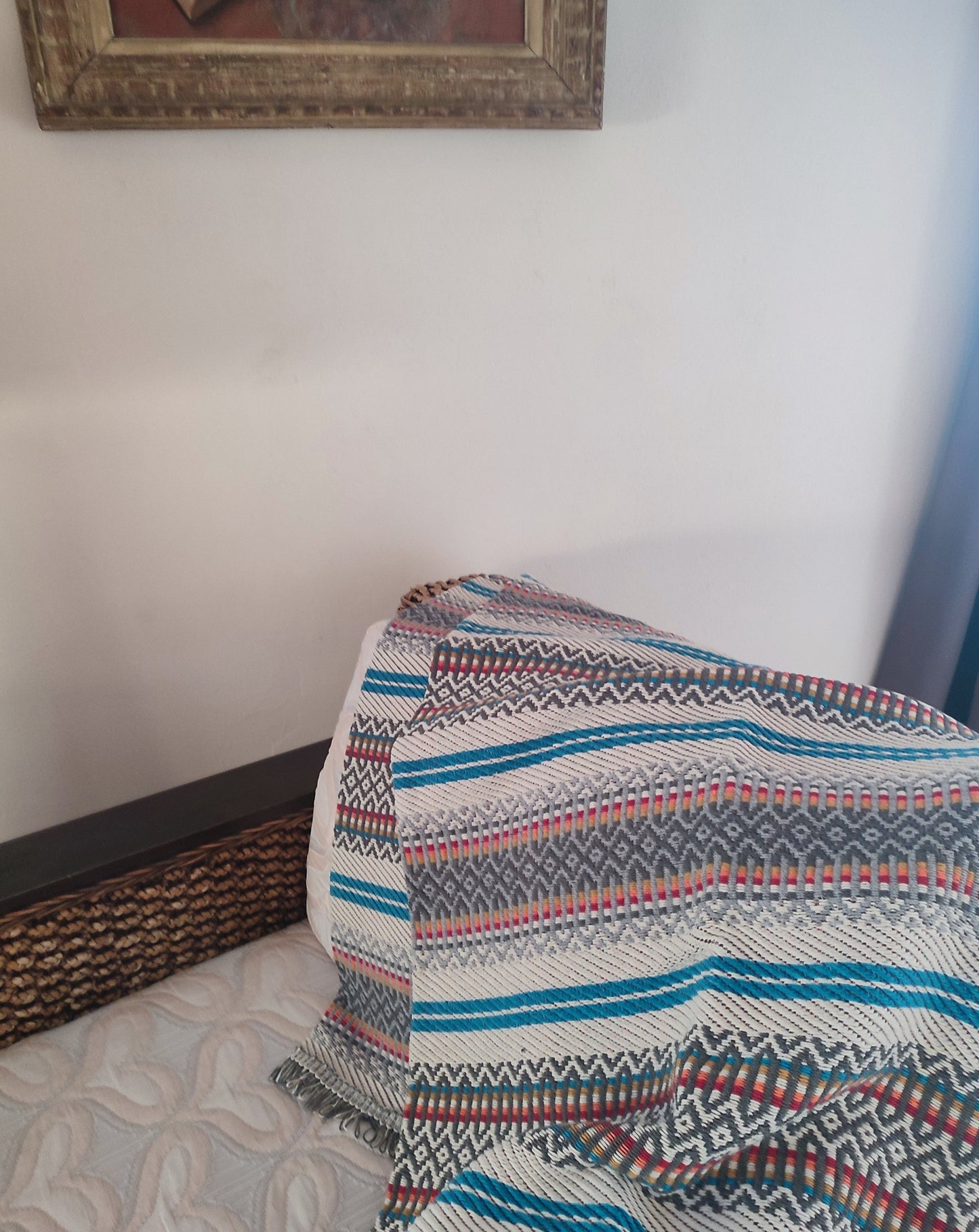 Plaid traditionnel portugais (Manta Alentejana) gris clair & bleu