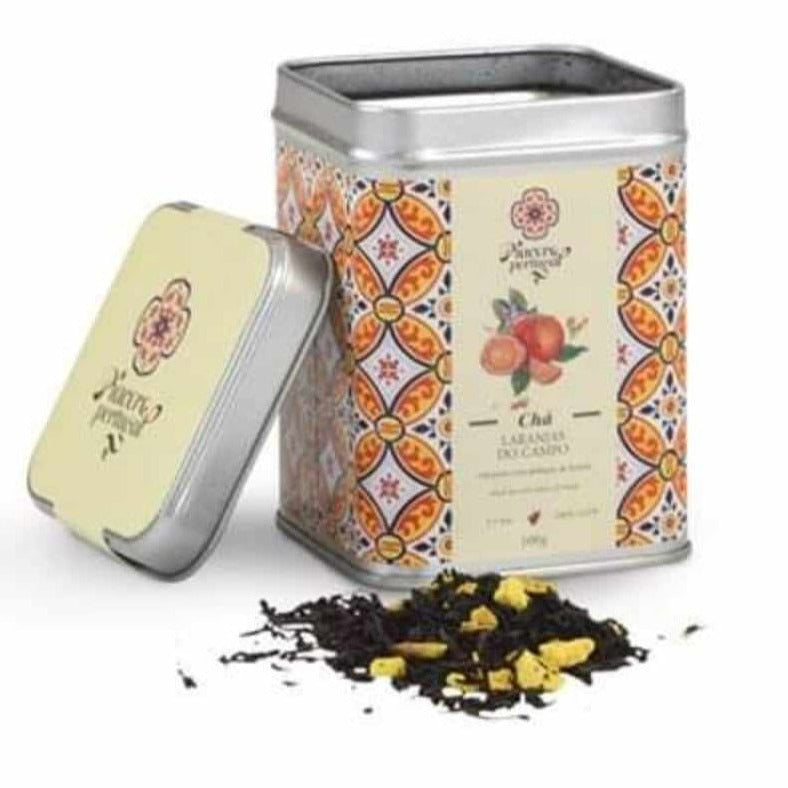 Thé noir aux oranges d'Algarve, produit du PORTUGAL, boite hermétique de 100 grammes décorée d'azulejos. Fabrication portugaise, marque PIACERE PORTUGAL