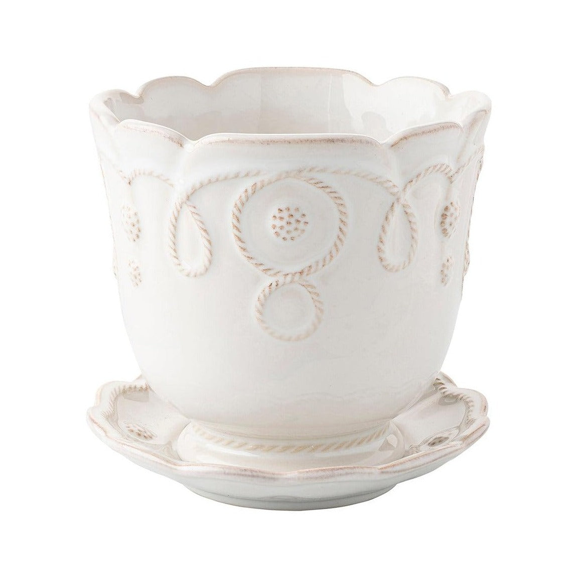 Cache pot et sa soucoupe, de couleur écru, fabrication portugaise. MADE IN PORTUGAL