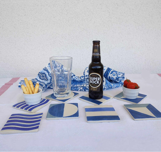 Sous-verre en grès bleu & blanc modèle grosse rayure 3