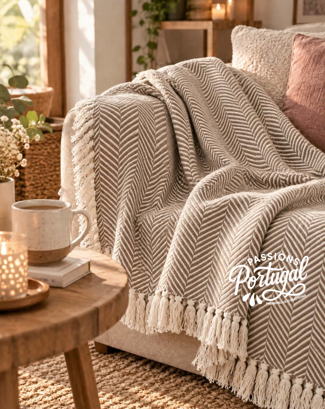 Plaid motif CHEVRON – 100% coton (marron glacé)