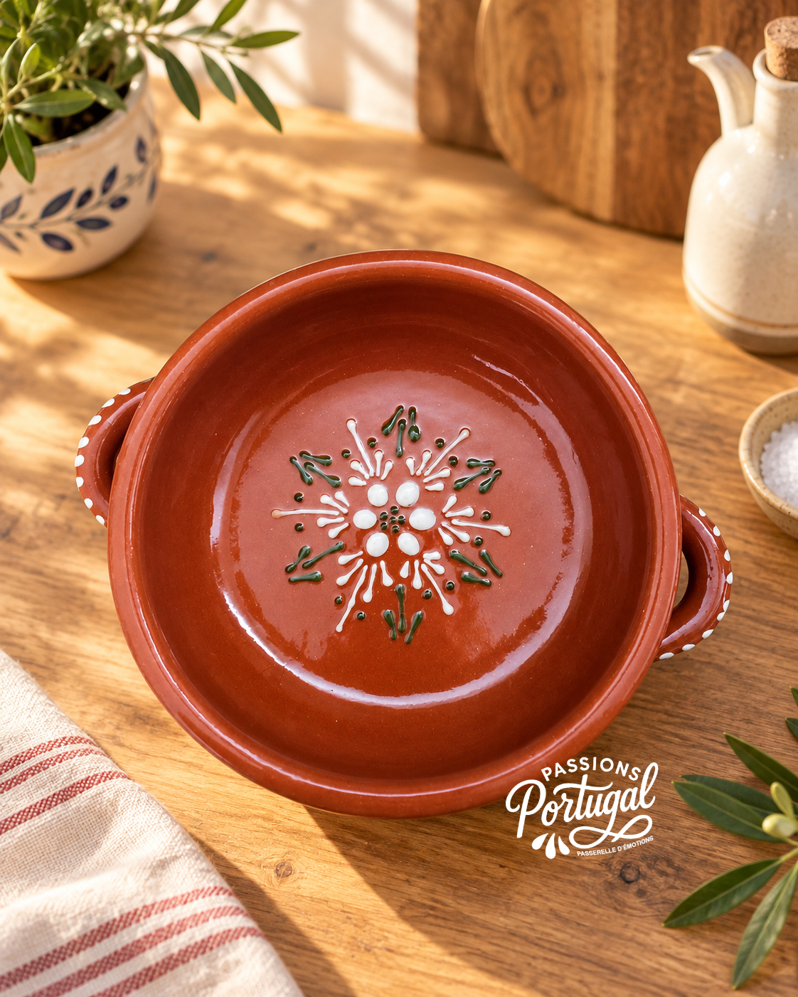 Casserole ronde en terre cuite portugaise, Décor floral