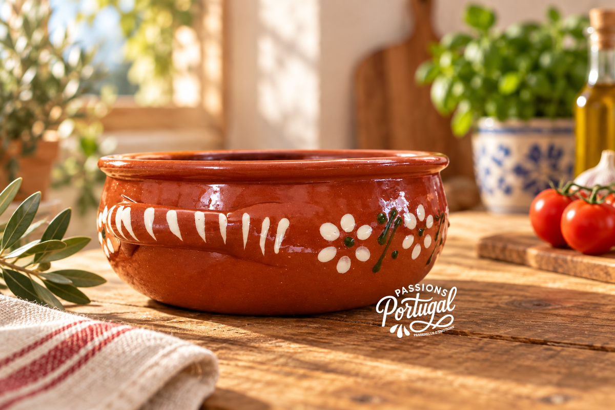 Casserole ronde en terre cuite portugaise, Décor floral