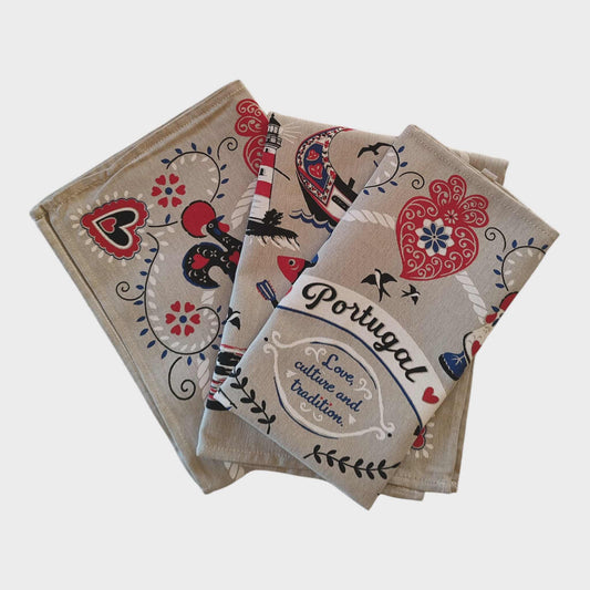 Torchon cuisine 100% coton divers motifs portugais, (crème)