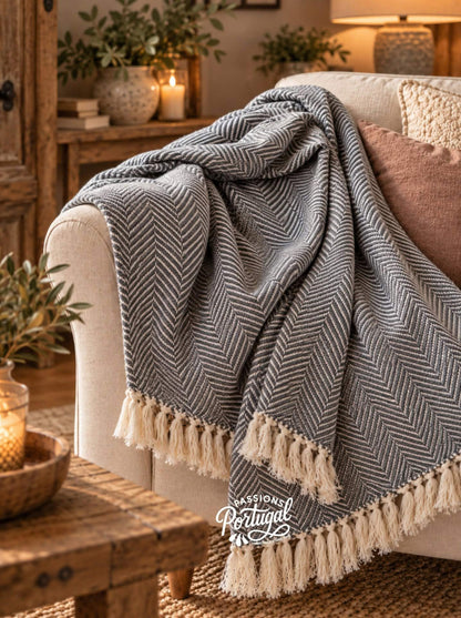 Plaid motif CHEVRON -100% coton (gris)