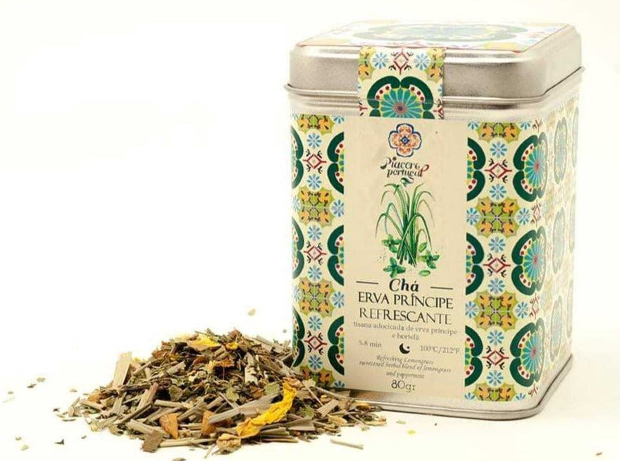 Infusion traditionnelle portugaise composée d'ERVA PRINCIPE, citronnelle, boîte métallique & hermétique de 80 grs. Fabriqué au Portugal