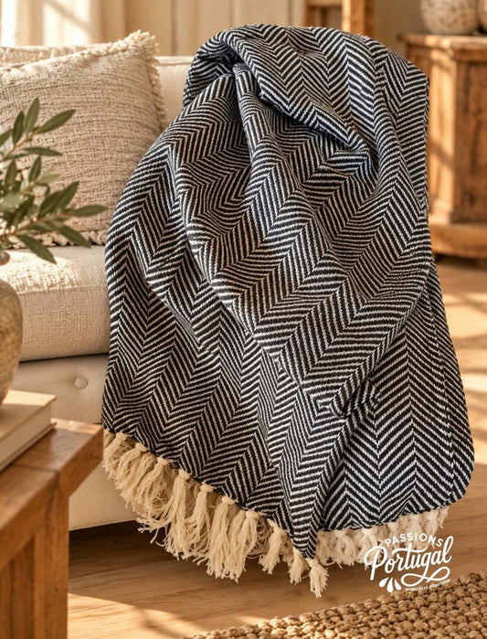 Plaid motif CHEVRON - 100% coton (noir)