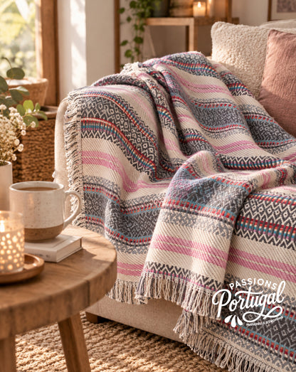 Plaid traditionnel portugais (Manta Alentejana)  gris clair & rose
