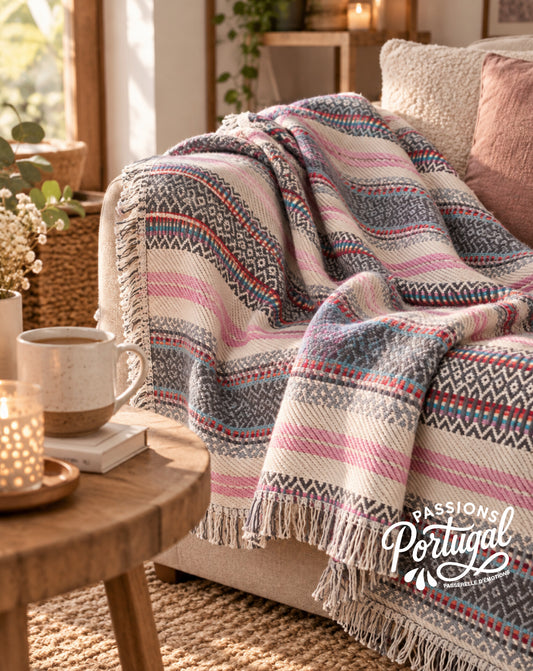 Plaid traditionnel portugais (Manta Alentejana)  gris clair & rose