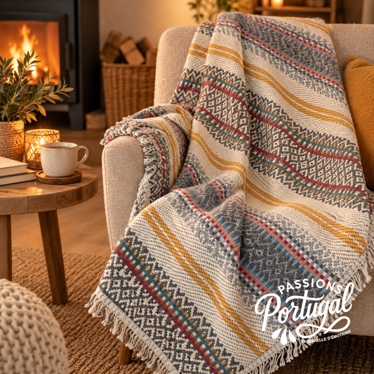 Plaid traditionnel portugais (Manta Alentejana)  gris clair & jaune