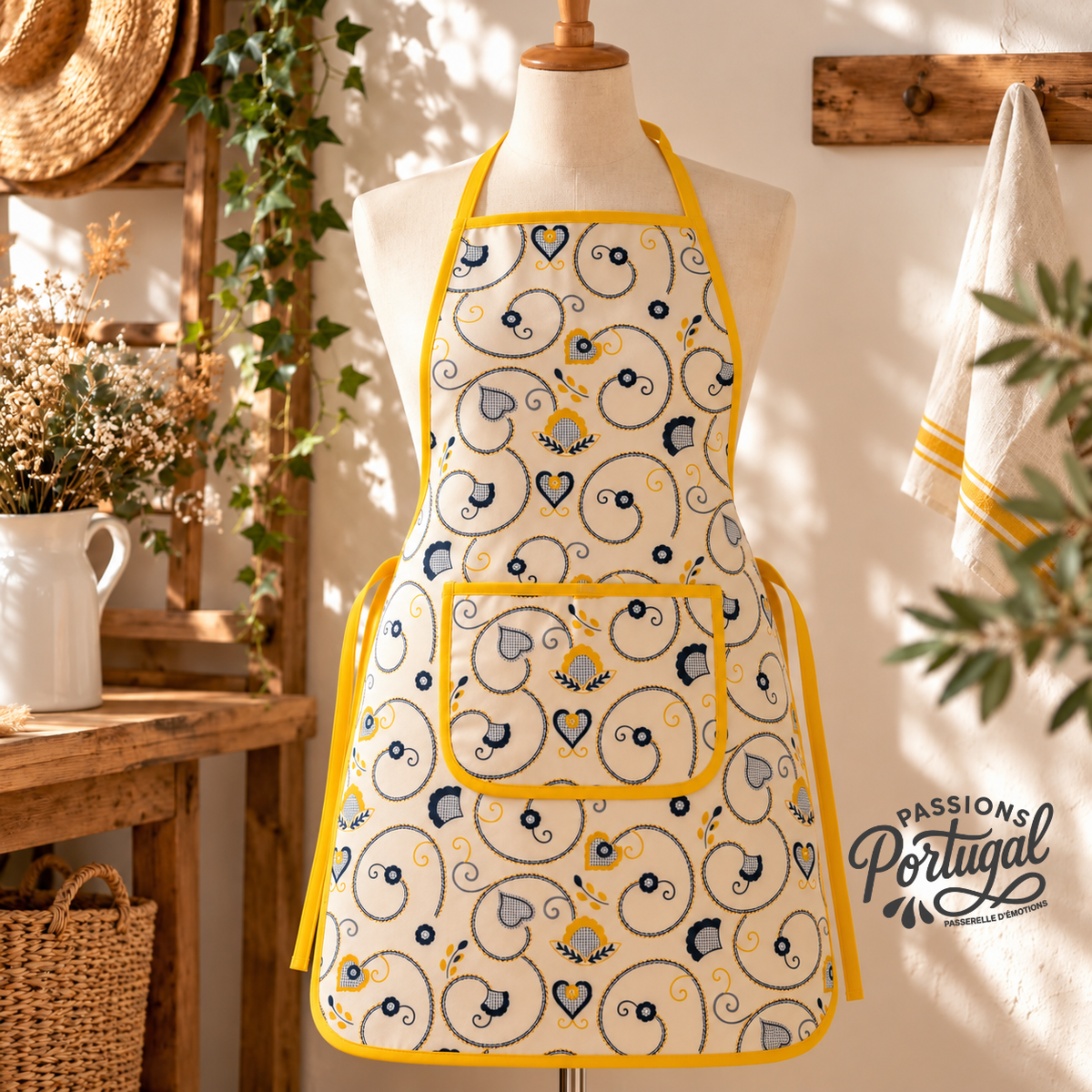 Tablier de cuisine 100% coton imprimé Coeur de Viana (jaune)