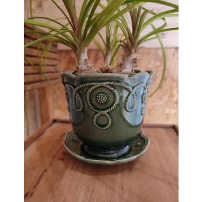 Cache pot et sa soucoupe, de couleur vert foncé, fabrication portugaise. FABRIQUÉ AU PORTUGAL