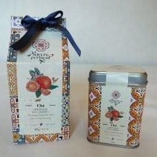 Thé noir aux oranges d'Algarve, produit du PORTUGAL, boite hermétique de 100 grammes décorée d'azulejos. Fabrication portugaise, marque PIACERE PORTUGAL